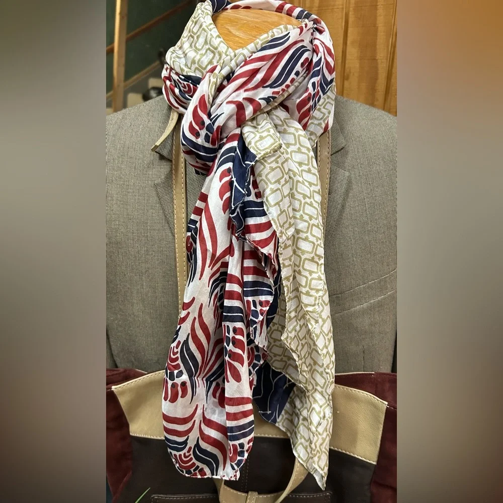 Large Michael Stars 100% Silk Blue, Red and White Geometric Scarf